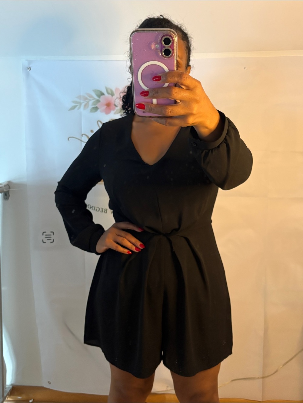 Women's Black V-Neck Long Sleeve Romper